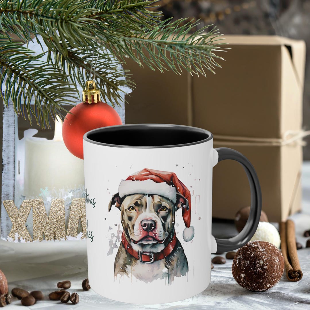 Christmas Coffee Mug With a Pit Bull Design in Vintage Watercolor Style