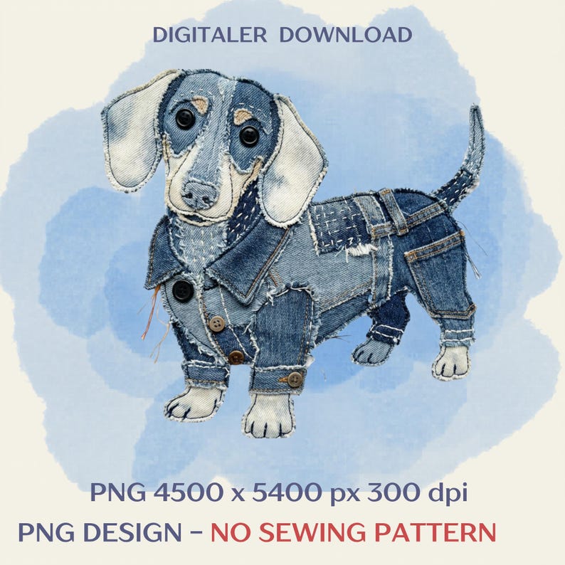 May include: A denim dachshund illustration against a blue watercolour backdrop. The dog is depicted in a denim jacket and trousers. The image includes the text "DIGITALER DOWNLOAD" and "PNG DESIGN - NO SEWING PATTERN".