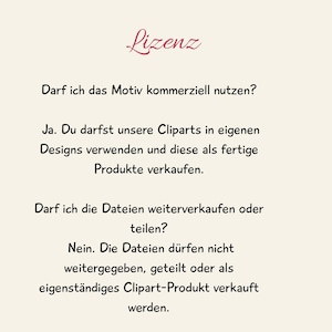 May include: A cream-coloured background with the word "Lizenz" in a cursive, burgundy font at the top. The text below answers questions about commercial use of clip art, including usage and resale rights.