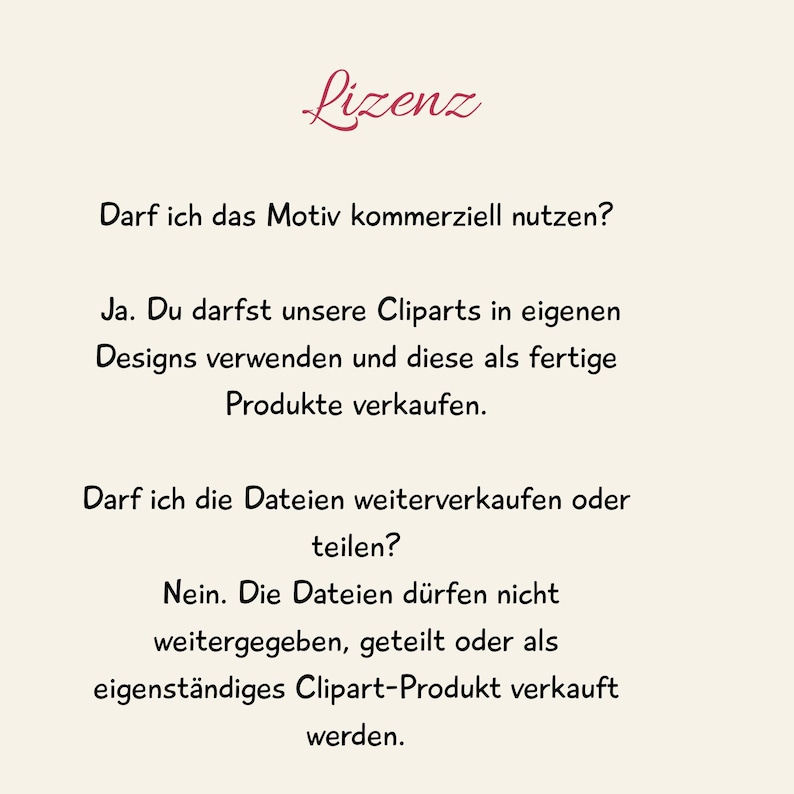 May include: A cream-coloured background with the word "Lizenz" in a cursive, burgundy font at the top. The text below answers questions about commercial use of clip art, including usage and resale rights.