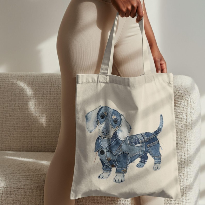 May include: A cream-coloured tote bag with a dachshund illustration. The dog is wearing a denim jacket and jeans. The bag has long handles and is designed for carrying items, with a simple, clean aesthetic.