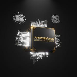 Może przedstawiać: Czarny i złoty kwadrat z napisem "AutoWealthFactory" i "automatyzuj tworzenie wideo za mniej niż 1 $ za klip". Obecne są również srebrne wstążki i ikony klapsa filmowego oraz mózgu z "AI".