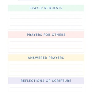 May include: A printable prayer journal with sections for prayer requests, prayers for others, answered prayers, and reflections or scripture. The journal has a light green, pink, yellow, and purple color scheme.