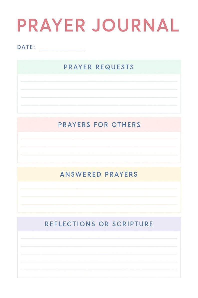 May include: A printable prayer journal with sections for prayer requests, prayers for others, answered prayers, and reflections or scripture. The journal has a light green, pink, yellow, and purple color scheme.