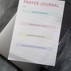 May include: A printable prayer journal with sections for prayer requests, prayers for others, answered prayers, and reflections or scripture. The journal has a light blue, pink, yellow, and green color scheme.