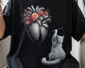 Cat Mending Broken Heart Shirt, Cat Sewing Heart Tee, Comfort Colors Cat Lover Tee, Floral Healing Heart TShirt, Mental Health Gift