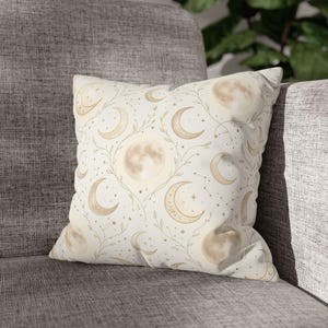 Celestial Moon Phase Throw Pillow Cover - Faux Suede Boho Cushion Case - Neutral Cream & Beige Celestial Bedroom Decor