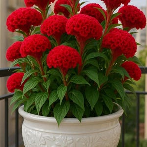 Puede incluir: Un tiesto de flores de cresta de gallo rojas con una textura aterciopelada, en un tiesto de cerámica blanco ornamentado. Las flores están rodeadas de hojas verdes. El tiesto está en un balcón con una barandilla negra.