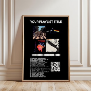 May include: Black framed poster with the text "YOUR PLAYLIST TITLE". The poster features album art from The Beatles, Pink Floyd, Black Sabbath, and Led Zeppelin. A list of 20 songs and a QR code are also included.