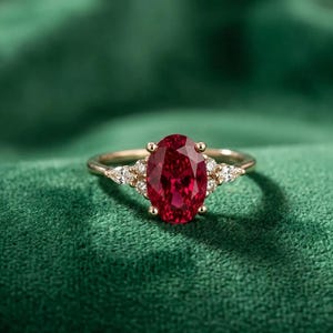 Verlovingsring met ovale robijn, ring met verfijnde marquise diamanten clusters in 14 karaats geelgoud verguld, trouwring met clusterdiamanten.