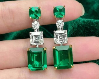 Art Deco Earrings, Vintage 14K Gold Drop Earrings, Vivid Green Emerald Earrings Diamond Inspired Wedding May Birthstone, Bridal Jewellery