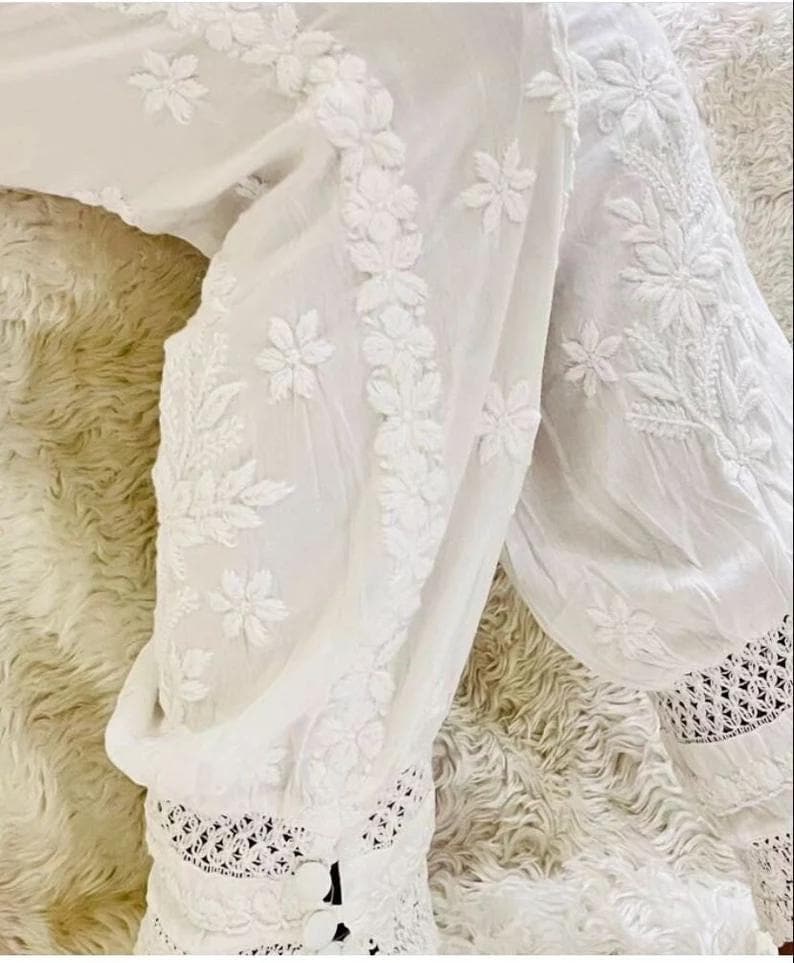 Hand embroidered white cotton afghani salwar pants for women ethnic wear