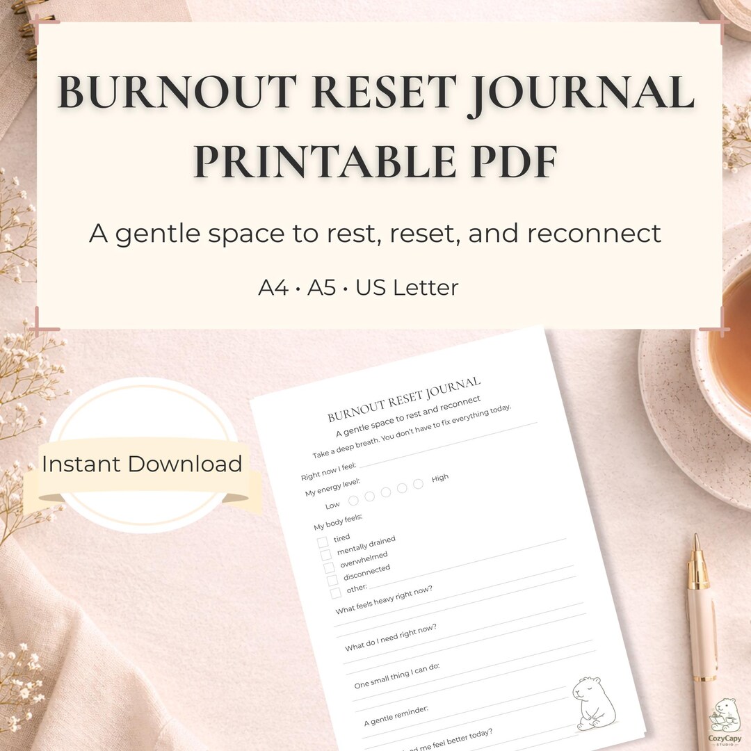 Burnout Reset Journal Printable, Minimal Self Care Planner, Mental ...