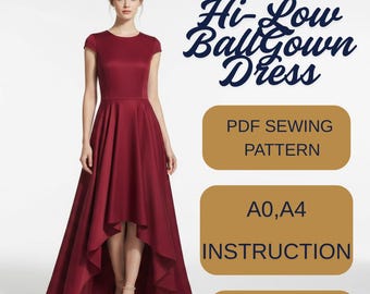 Hi-Low Ball Gown Sewing Pattern | V-Neck Wedding Maxi Dress XS-4XL (PDF Pattern)
