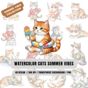 Puede incluir: Ilustraciones en acuarela de gatos disfrutando del verano. Un gato está en un flotador inflable colorido, sosteniendo un helado de arcoíris. Otros gatos se representan con accesorios de playa. El texto dice "SUMMER VIBES COLLECTION" y "WATERCOLOR CATS SUMMER VIBES".