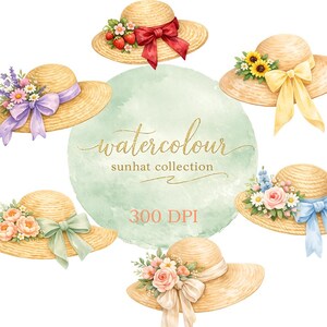 May include: Watercolor illustration of several straw sun hats, each adorned with floral arrangements and ribbons in various colors. The hats are decorated with sunflowers, strawberries, and roses. The text "watercolour sunhat collection" is visible.