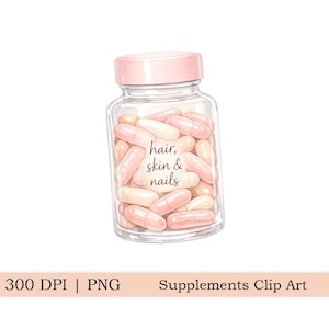 May include: A clear plastic bottle with a light pink screw-top lid filled with various light pink and cream-colored capsules. The front of the bottle features the text "hair, skin & nails" printed in a dark brown, elegant script font.