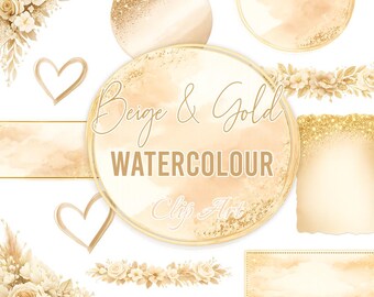 Beige & Gold Watercolour Sticker PNG Bundle – Elegant Abstract Graphics with Gold Sparkles and Florals