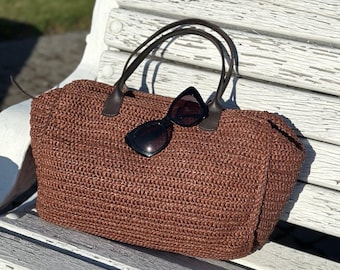 Handmade Brown Raffia Crochet Tote | Leather Handle Summer Bag