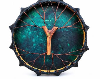 Tambor chamánico hecho a mano con piel de búfalo verde, marco de madera de morera de 22 pulgadas, medicina sonora tribal.