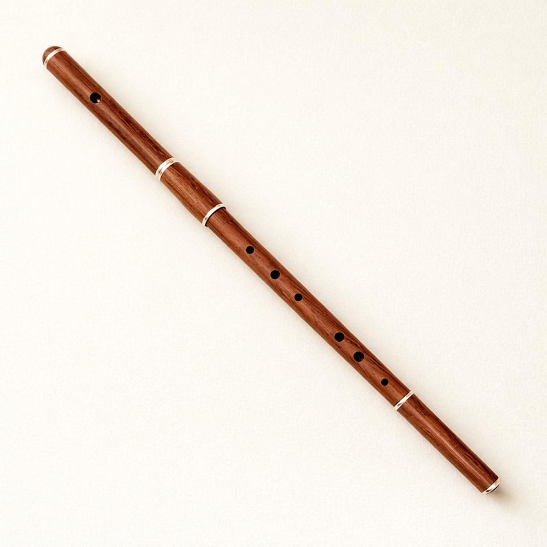 Puede incluir: Una flauta de madera con un acabado marr&oacute;n oscuro y detalles plateados. El instrumento tiene varios agujeros para los dedos y est&aacute; dise&ntilde;ado para tocar m&uacute;sica. La flauta es un instrumento musical.