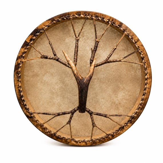 Handmade Shamanic Drum, Buffalo Hide, Ash Wood, Antler Handle, Meditation Tool