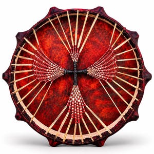 Op de afbeelding: Een ronde frametrommel met een dieprood, getextureerd trommelvel. De voorzijde is versierd met een complex, stralend patroon van lichtgekleurde houten spaken en gevlochten rood-witte koordaccenten die samenkomen in een zwart omwikkeld kruis.