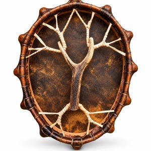 May include: An oval-shaped drum with a dark brown, mottled skin head. The frame is constructed from dark, segmented wood resembling bamboo. A Y-shaped wooden branch is centered on the drum head, secured by light-colored, woven cord lacing.