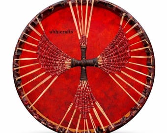 Red Buffalo Hide Shamanic Drum Instrument | Phoenix Art Frame Drum, Sound Healing Beater