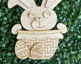 Easter DIY wood sign - Standing Bunny Big Ears unfinished shelf sitter door hanger wall decor craft supply sign kit round wreath sign