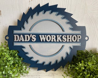 Father’s Day wood sign - Dads Workshop hanger wall decor Saw Blade blue gray stain tools garage woodworking wreath sign