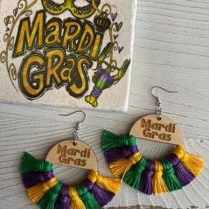 Mardi Gras Fringe Earrings - dangle statement wood favor gift hoop handmade jewelry parade Nola party celebration tassel