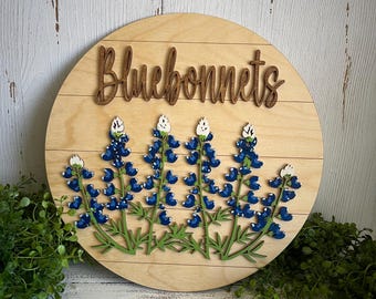 Texas Bluebonnets wood sign - door hanger wall decor shelf sitter craft supply round wreath floral gift cowboy hat