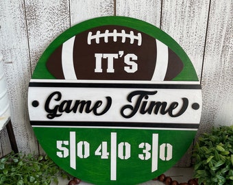 It’s Game Time wood sign - football door hanger wall decor shelf sitter craft supply round wreath sign