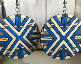 Blue quilt earrings - dangle statement wood USA American Independence Day America patriotic