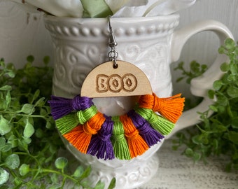 Halloween Earrings - Boo fringe dangle statement wood favor gift hoop boho purple orange green black white