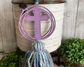 Cross tag ornament car charm tassel - faith religious Tiered tray decor gift present mother daughter friend motivational