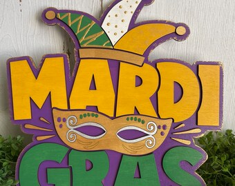 Mardi Gras wood sign - green yellow purple modern home decor tabletop shelf sitter cake parade gold