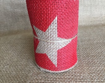 Red with Star Burlap Ribbon 4" x 10 ft Wedding Decor Jute Wreath Spring Summer July 4th Hero Military Memorial Day