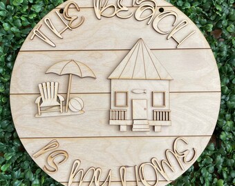 Beach house DIY wood sign - Lake Home welcome to unfinished cut out door hanger wall decor craft supply sign kit blanks round wreath sign