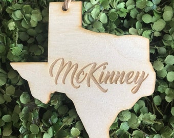 McKinney Texas Tag Ornament - City hometown TX souvenir keepsake memory state 2020 wood laser engraved skyline welcome gift home