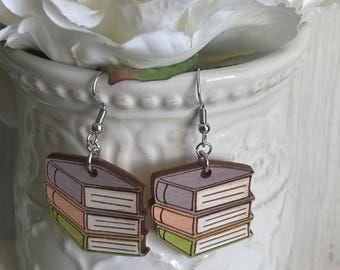 Book stack earrings - Reading chapter book lover Wood dangle statement hand painted one more chapter gift present friend favor