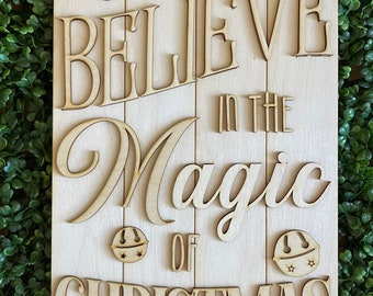 DIY wood sign - Believe in the Magic of Christmas unfinished cut out door hanger wall decor craft supply sign kit blanks round wreath sign