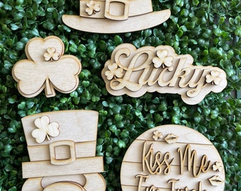 St. Patrick's Day DIY tiered tray set -  unfinished cut out decor craft supply sign kit blanks round wreath sign lucky Irish clove