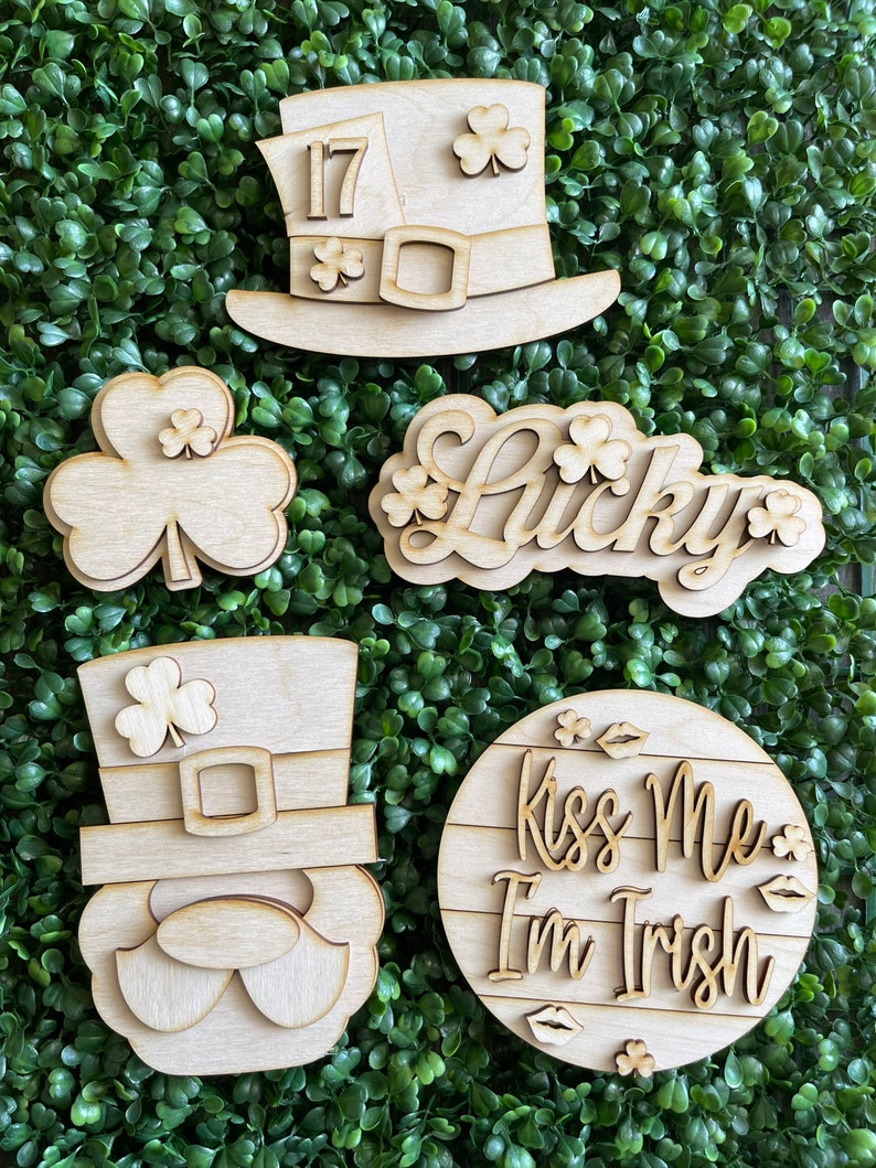 St. Patrick's Day DIY tiered tray set unfinished cut out decor craft supply sign kit blanks round wreath sign lucky Irish clove image 1