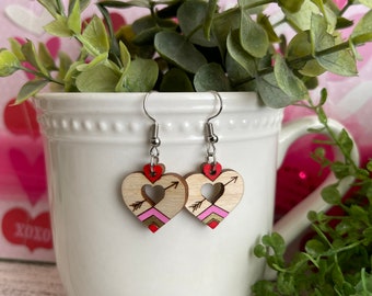 Valentine Earrings - heart dangle statement wood favor gift hoop boho love kisses Xoxo sexy arrow Cupid