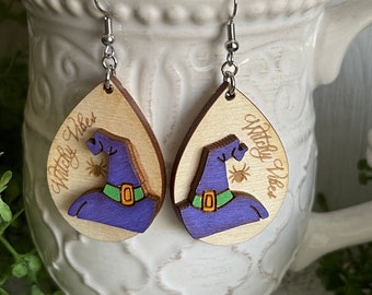 Halloween Witch earrings - Wood dangle statement hand painted hat