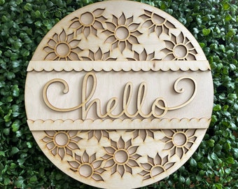 Sunflower DIY Hello sign - unfinished cut out door hanger wall round home decor blank craft supply wreath center