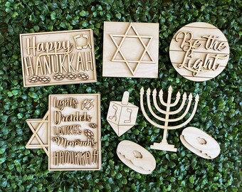 Hanukkah DIY wood tiered tray set- unfinished cut out door hanger wall decor craft supply sign kit blanks round wreath sign