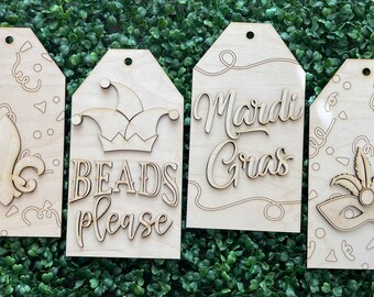 Mardi Gras DIY Tag home decor sign - Mask confetti beads hat fleur de lis  cut out door hanger wall craft supply sign kit blanks